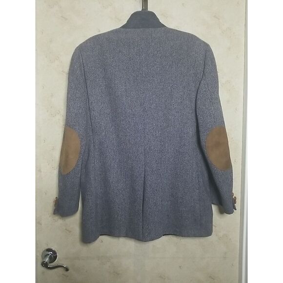Vintage 42L Tweed Blazer Mens Blue Wool Jacket Elbow Patch Sport Hunting Coat - Picture 4 of 14